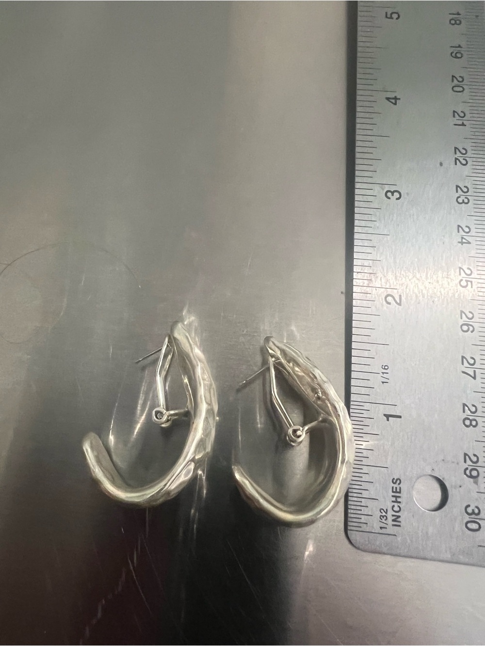 Hammered Sterling Silver 3/4 Hoop Earrings with Posts - Picture 3 of 5
